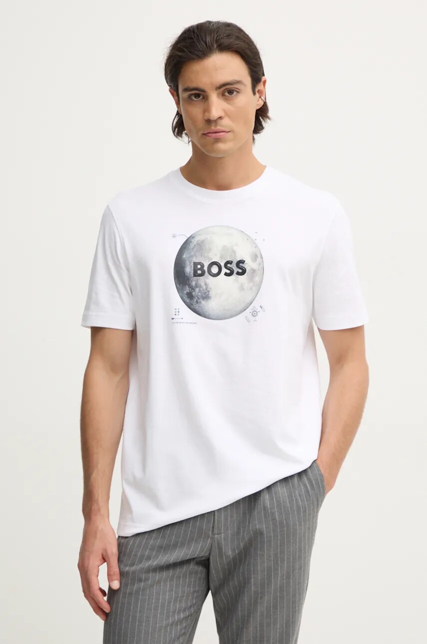 Boss Orange tricou din bumbac barbati, culoarea bej, cu imprimeu, 50528189