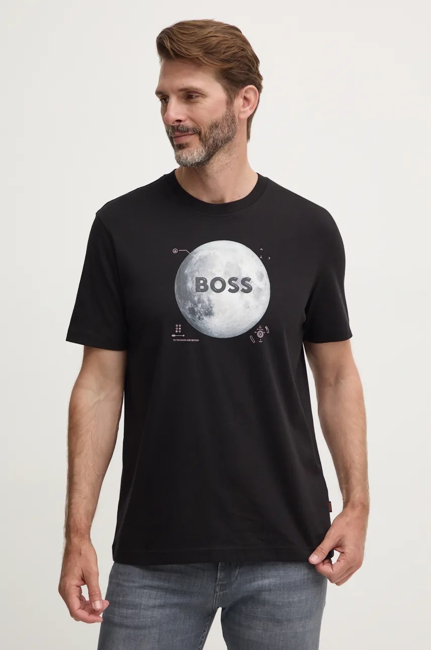 Boss Orange tricou din bumbac barbati, culoarea negru, cu imprimeu, 50528189