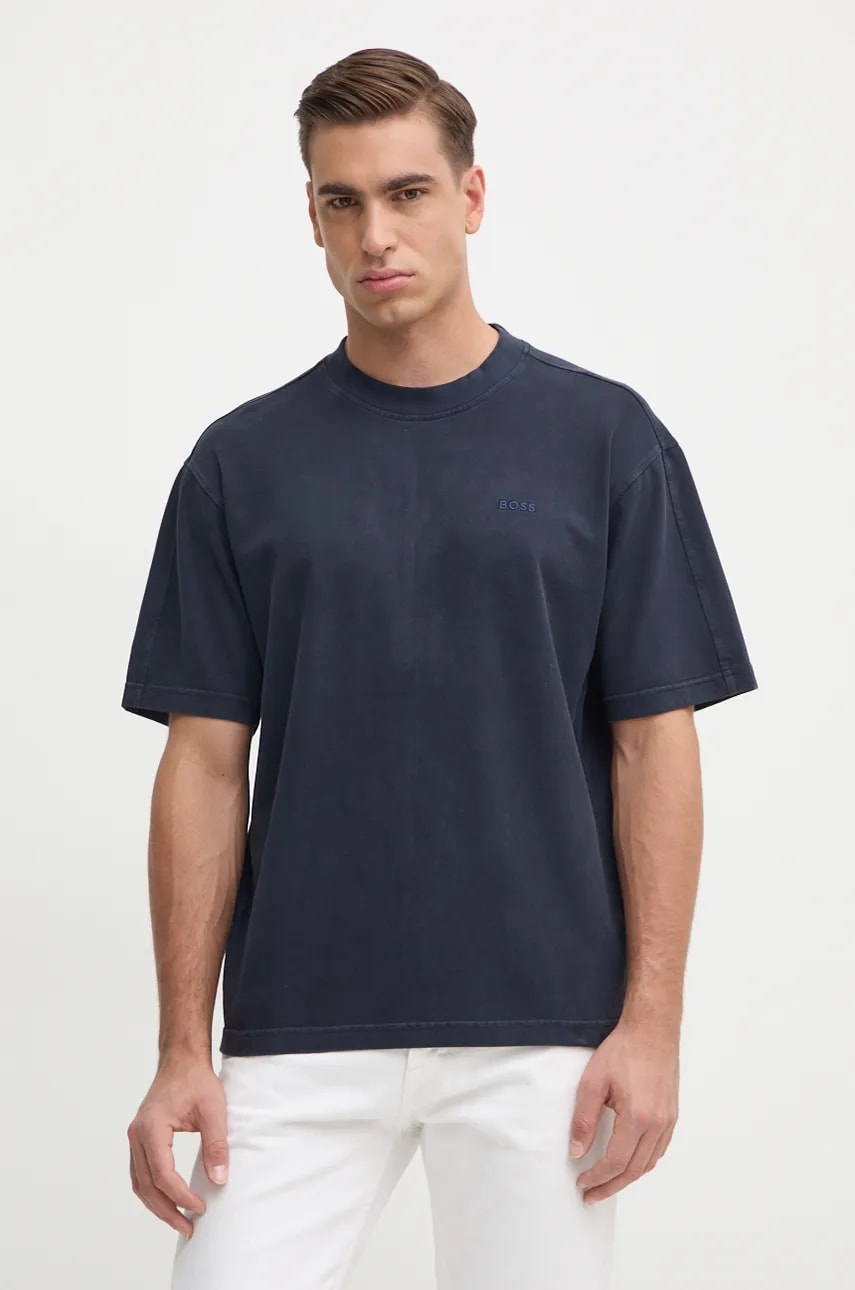 Boss Orange tricou din bumbac barbati, culoarea albastru marin, neted, 50528468 Boss Orange tricou din bumbac barbati, culoarea albastru marin, neted, 50528468
