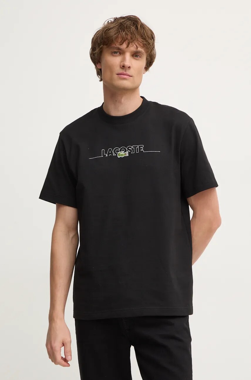 Lacoste tricou din bumbac barbati, culoarea negru, cu imprimeu, TH3836