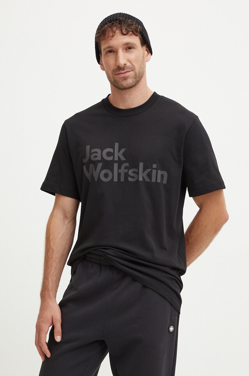 Jack Wolfskin tricou din bumbac Brand barbati, culoarea negru, cu imprimeu, 1809591
