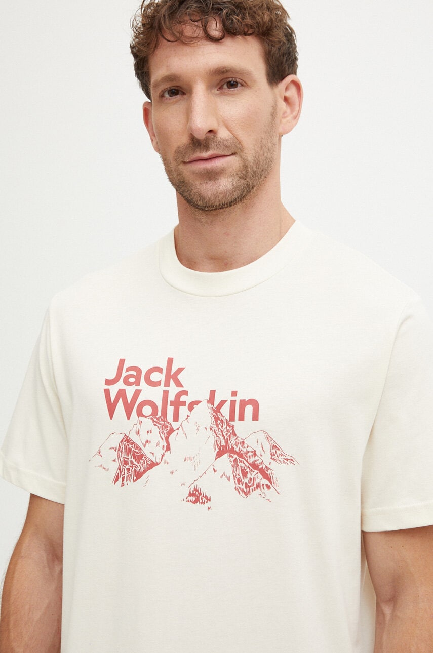 Jack Wolfskin tricou din bumbac Bergblick barbati, culoarea bej, cu imprimeu, A60070 Jack Wolfskin tricou din bumbac Bergblick barbati, culoarea bej, cu imprimeu, A60070