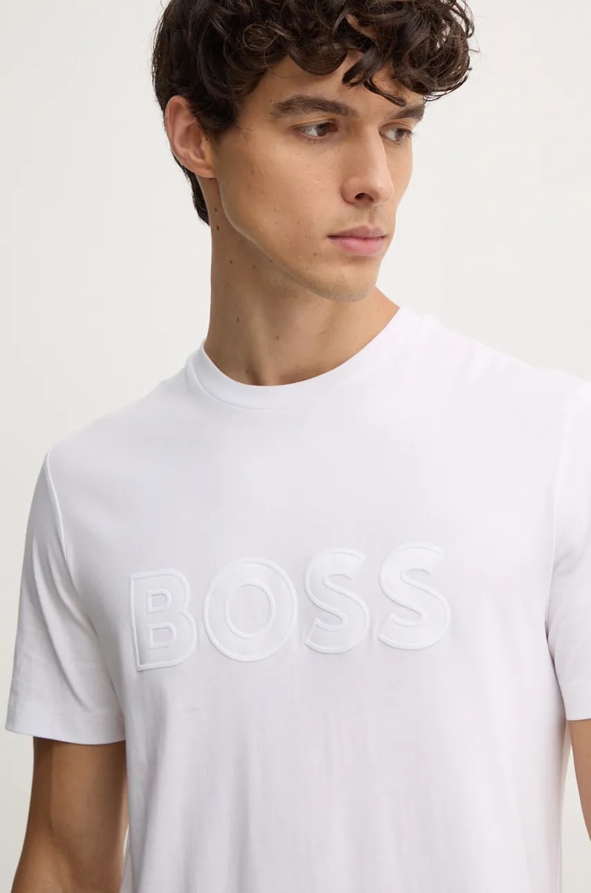 BOSS tricou din bumbac barbati, culoarea alb, cu imprimeu, 50527338