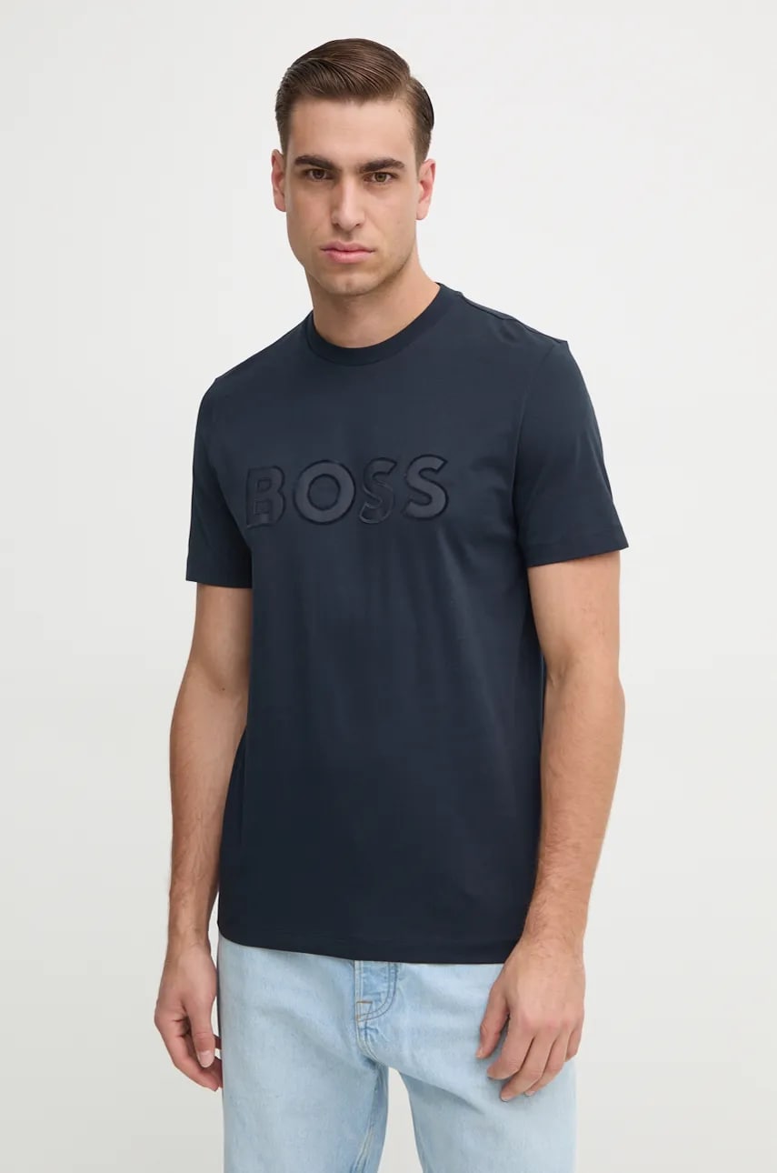 BOSS tricou din bumbac barbati, culoarea albastru marin, cu imprimeu, 50527338