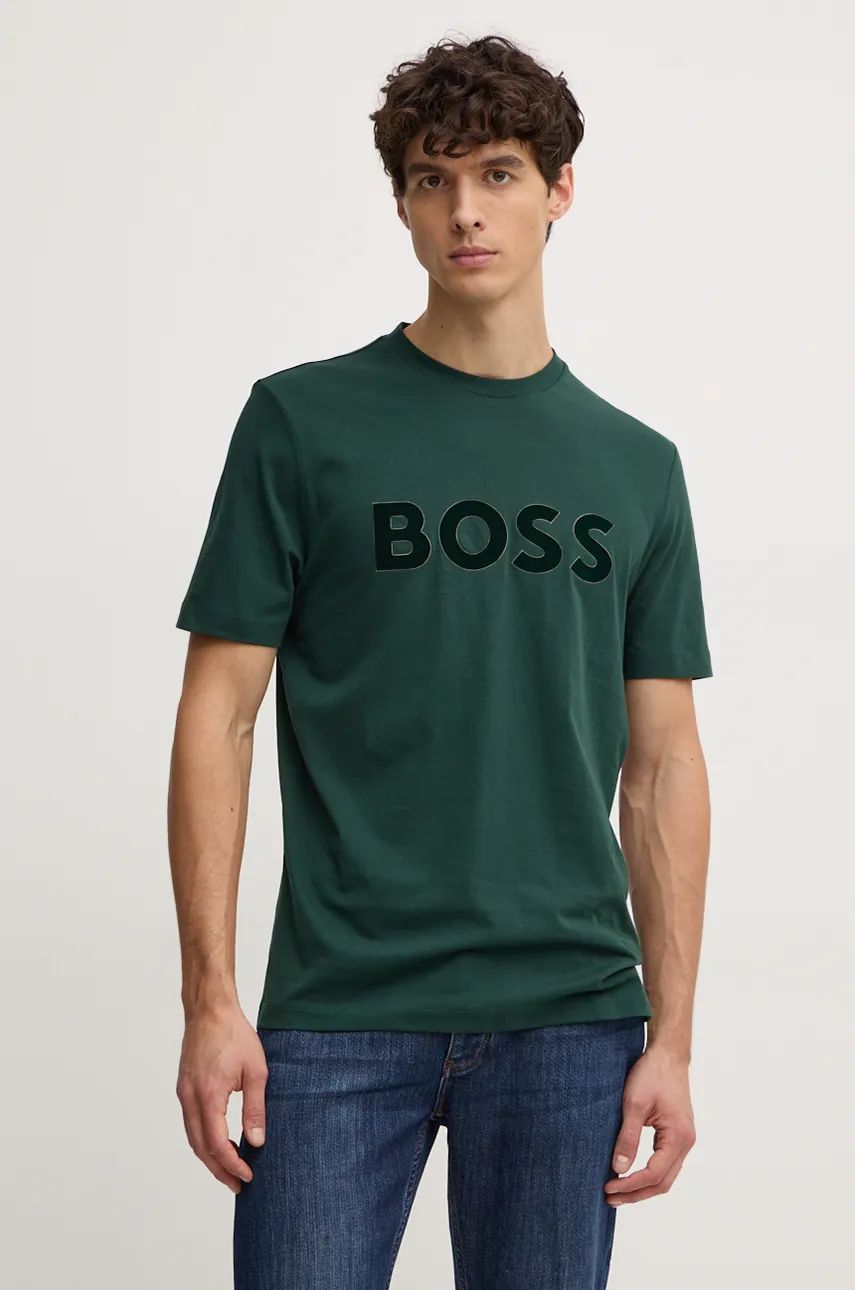 BOSS tricou din bumbac barbati, culoarea verde, cu imprimeu, 50527338