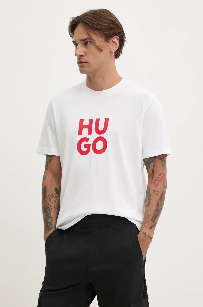 HUGO tricou din bumbac barbati, culoarea alb, cu imprimeu, 50523839