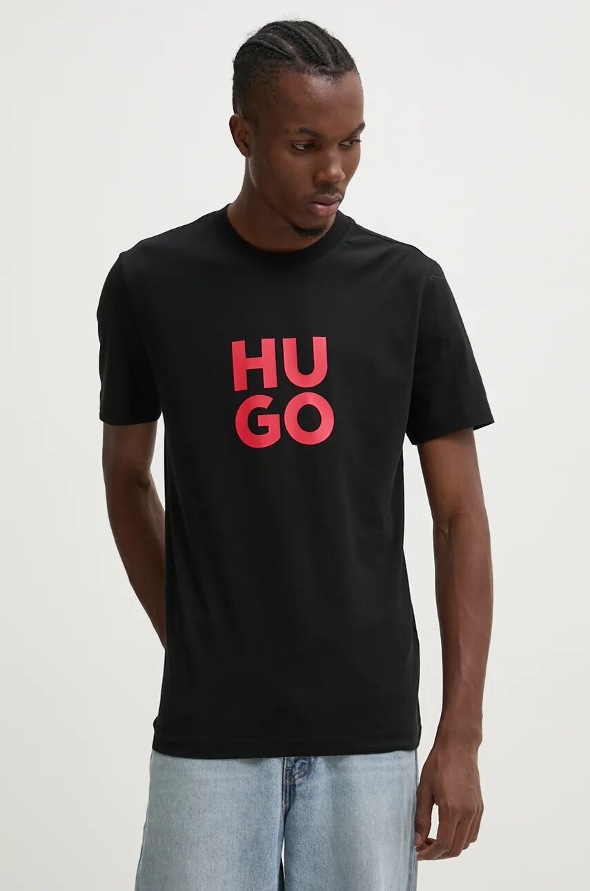 HUGO tricou din bumbac barbati, culoarea negru, cu imprimeu, 50523839