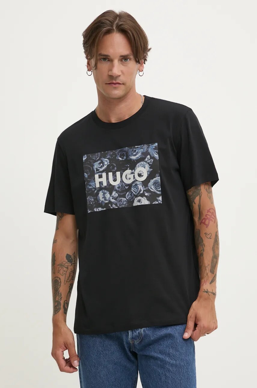 HUGO tricou din bumbac barbati, culoarea negru, cu imprimeu, 50523999