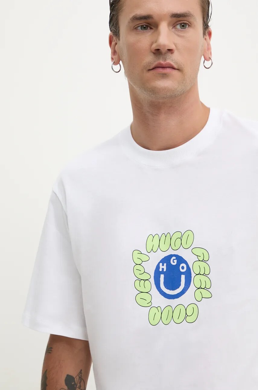Hugo Blue tricou din bumbac barbati, culoarea alb, cu imprimeu, 50523858