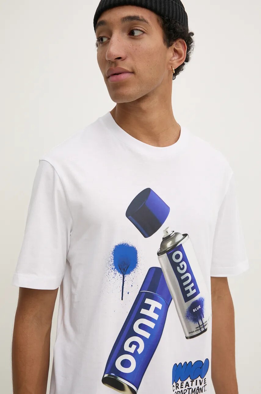 Hugo Blue tricou din bumbac barbati, culoarea alb, cu imprimeu, 50528970
