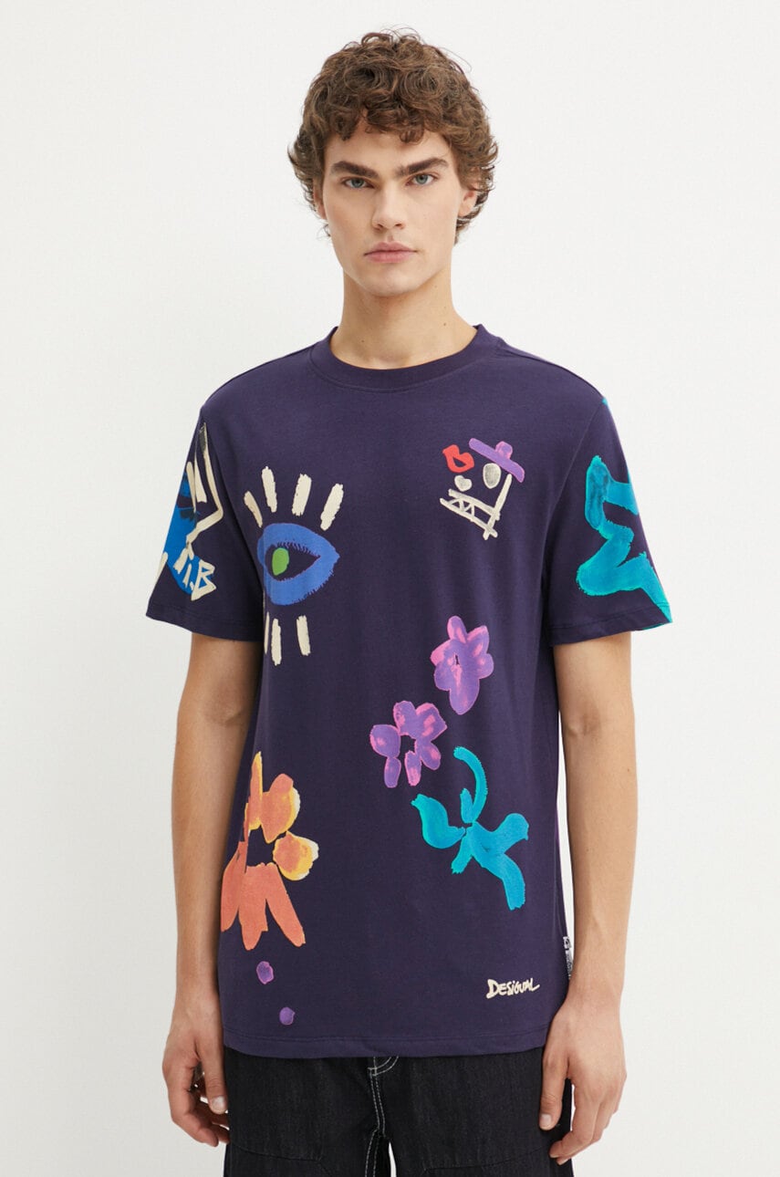 Desigual tricou din bumbac DAKOTAN barbati, culoarea albastru marin, modelator, 24WMTK33 Desigual tricou din bumbac DAKOTAN barbati, culoarea albastru marin, modelator, 24WMTK33