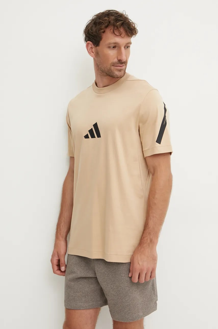 adidas tricou din bumbac ZNE barbati, culoarea bej, cu imprimeu, JF2453 adidas tricou din bumbac ZNE barbati, culoarea bej, cu imprimeu, JF2453