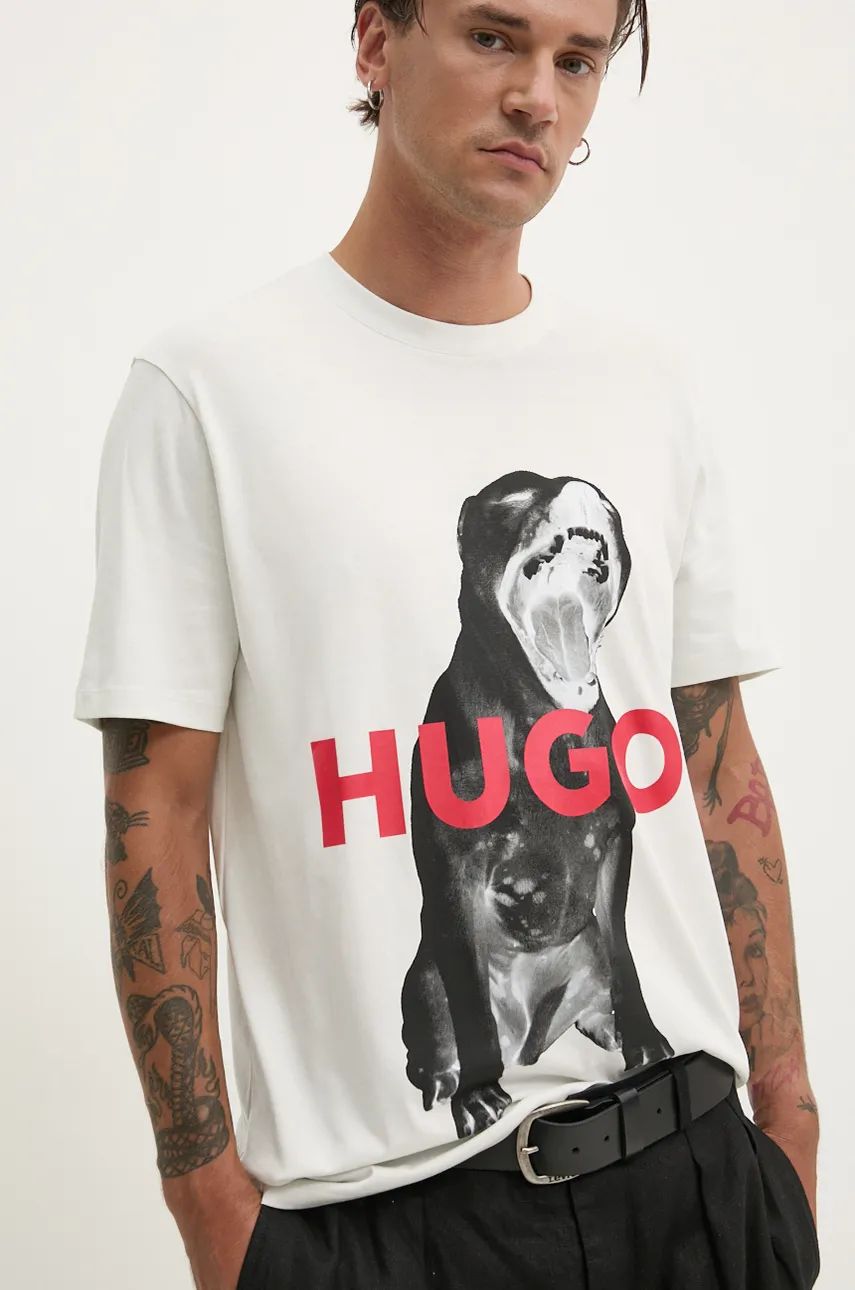 HUGO tricou din bumbac barbati, culoarea alb, cu imprimeu, 50523979