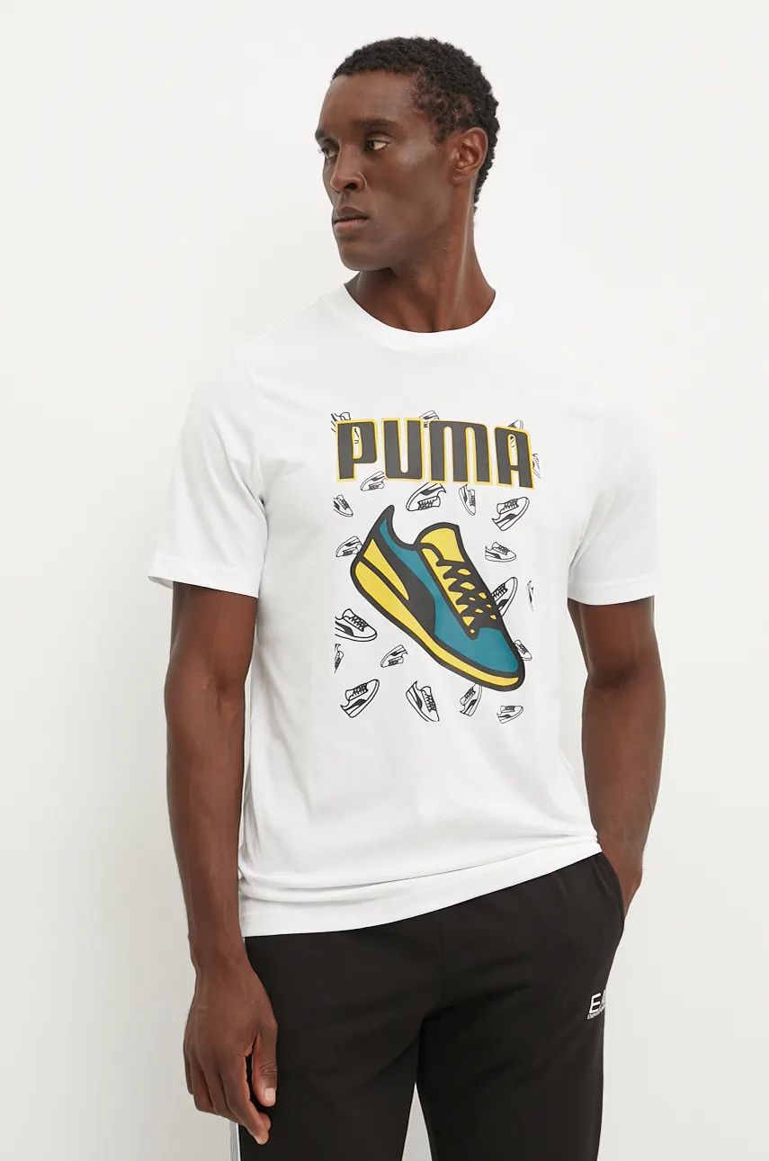 Puma tricou din bumbac barbati, culoarea alb, cu imprimeu, 683209