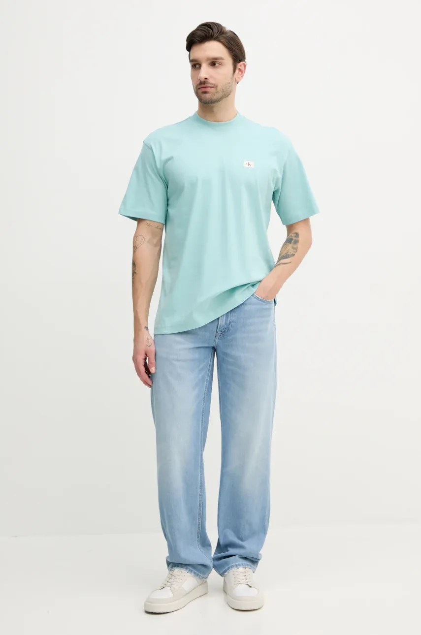 Хлопковая футболка Calvin Klein Jeans мужская цвет бирюзовый однотонная J30J326857 Хлопковая футболка Calvin Klein Jeans мужская цвет бирюзовый однотонная J30J326857
