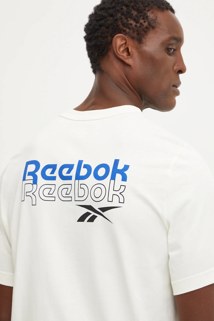 Reebok tricou din bumbac barbati, culoarea bej, cu imprimeu, 100208575 Reebok tricou din bumbac barbati, culoarea bej, cu imprimeu, 100208575