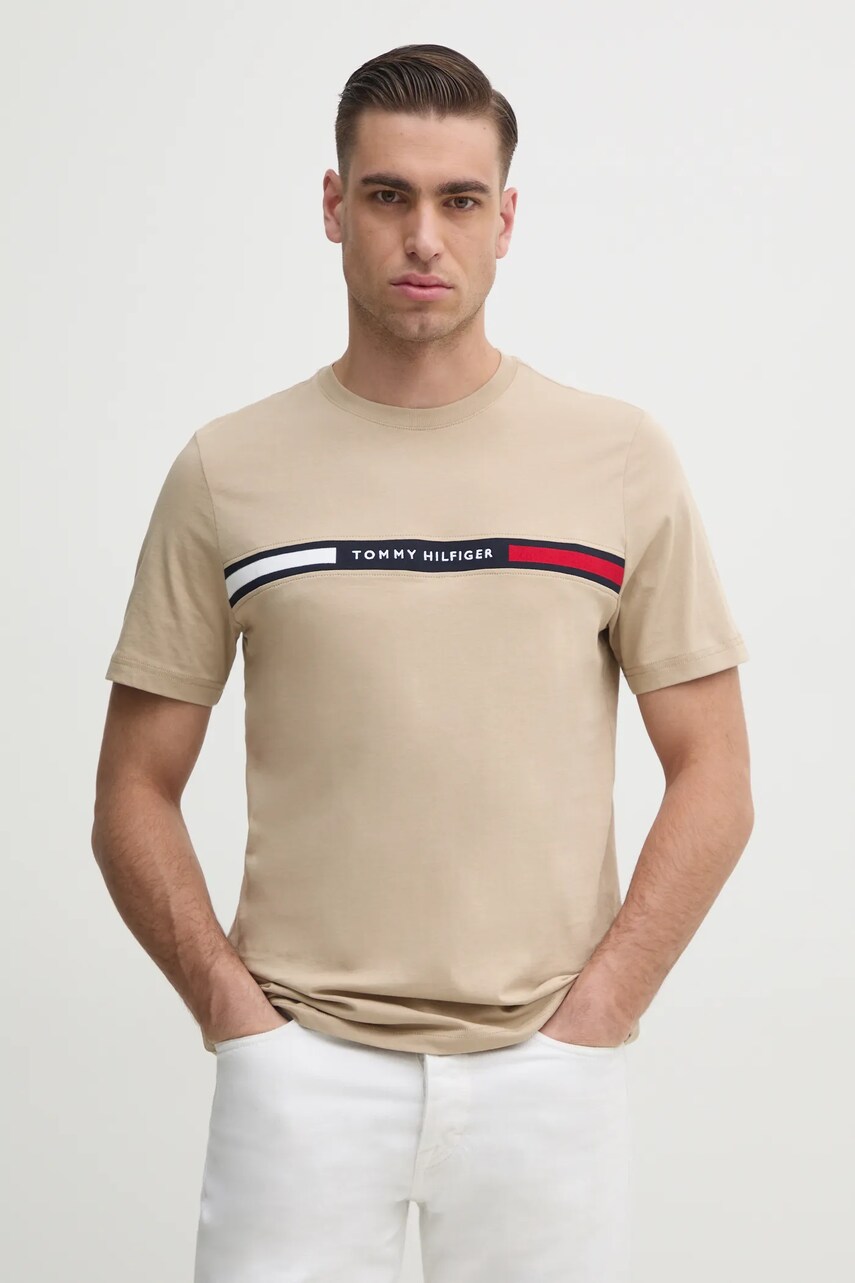 Levně Bavlněné tričko Tommy Hilfiger béžová barva, s aplikací, MW0MW36498