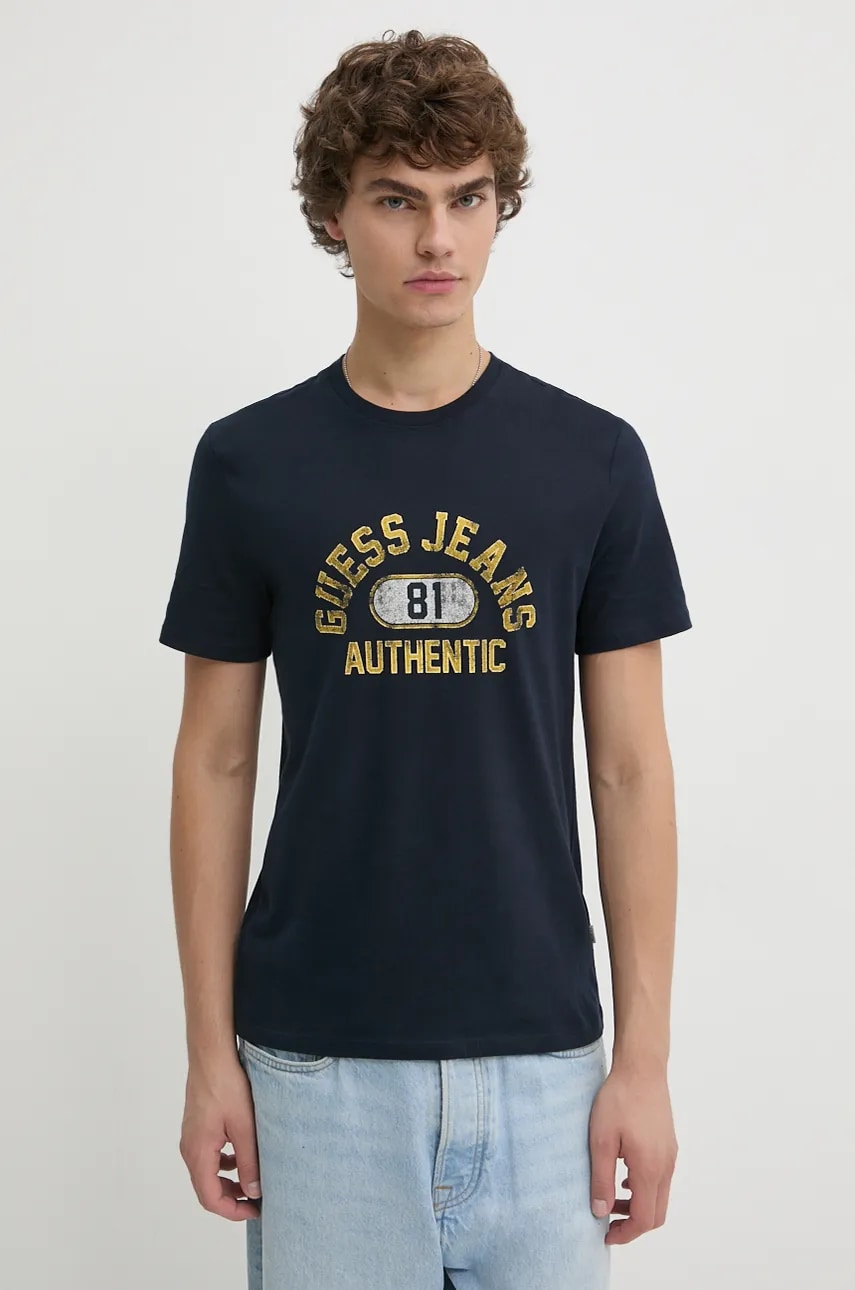 Levně Bavlněné tričko Guess Jeans tmavomodrá barva, s potiskem, M4BI74 K8HM0