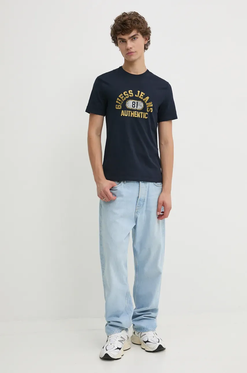 Хлопковая футболка Guess Jeans мужская цвет синий с принтом M4BI74 K8HM0 Хлопковая футболка Guess Jeans мужская цвет синий с принтом M4BI74 K8HM0