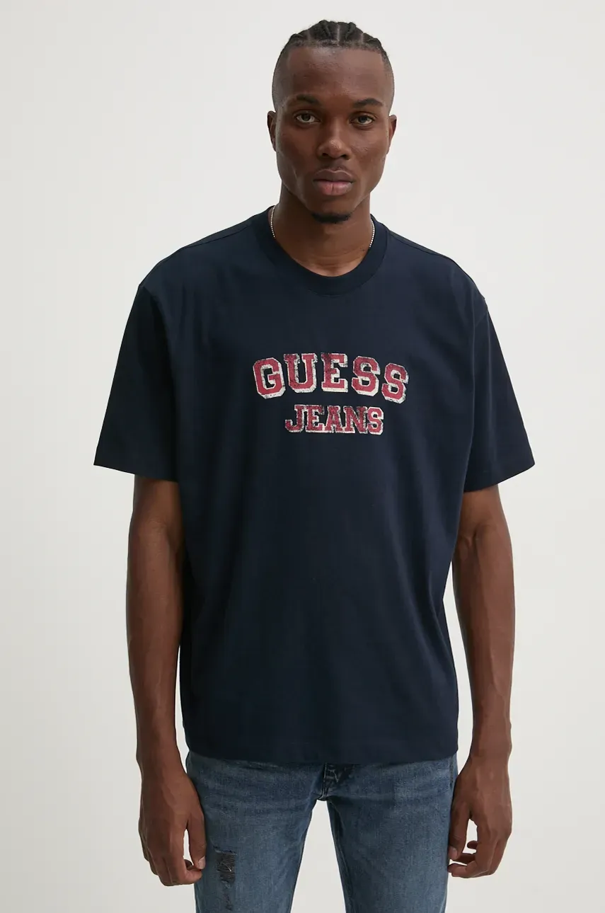 Хлопковая футболка Guess Jeans мужская цвет синий с принтом M4BI78 K8FQ4 Хлопковая футболка Guess Jeans мужская цвет синий с принтом M4BI78 K8FQ4