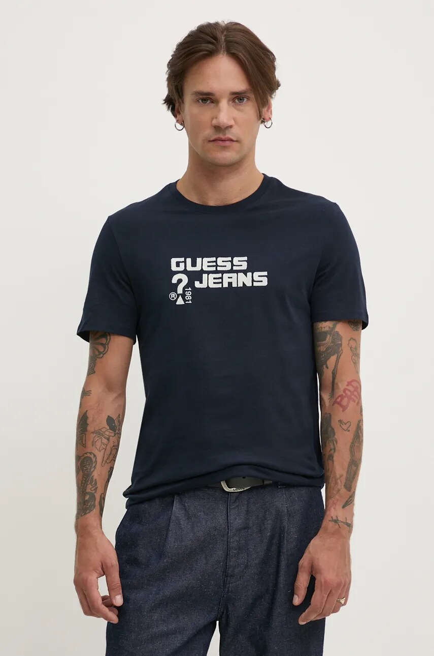 Levně Bavlněné tričko Guess Jeans tmavomodrá barva, s aplikací, M4BI76 K8HM0