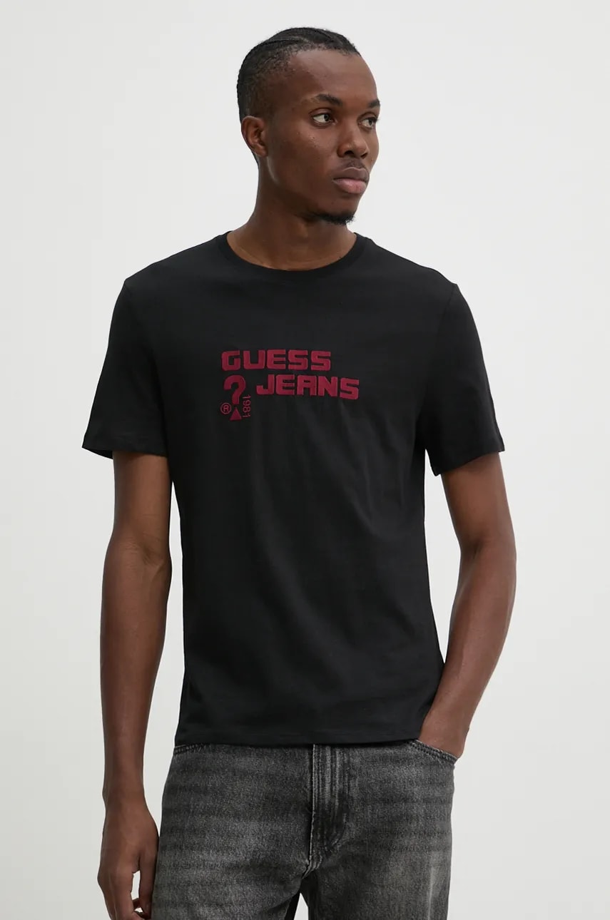 Levně Bavlněné tričko Guess Jeans černá barva, s aplikací, M4BI76 K8HM0