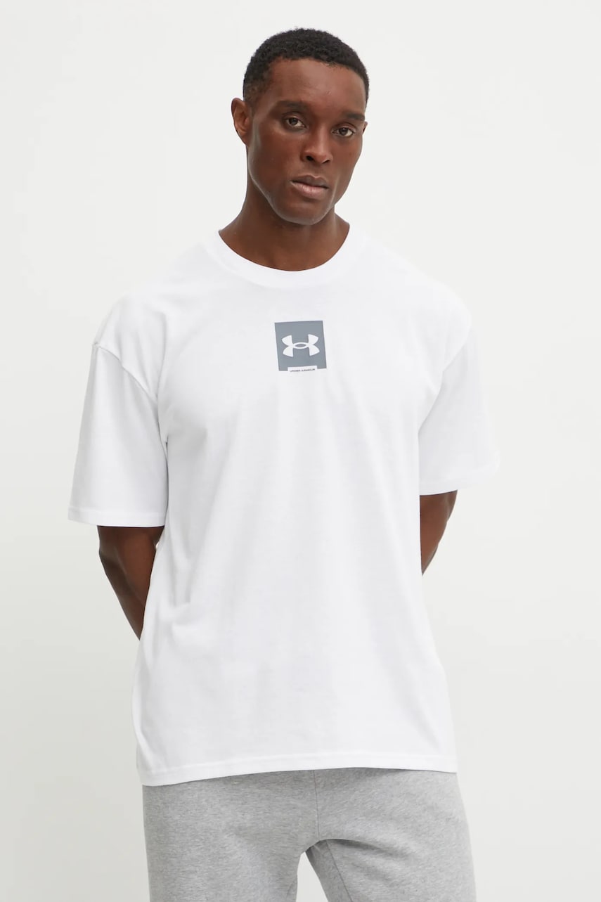 Under Armour tricou din bumbac HW OS BOX barbati, culoarea alb, cu imprimeu, 1386803 Under Armour tricou din bumbac HW OS BOX barbati, culoarea alb, cu imprimeu, 1386803