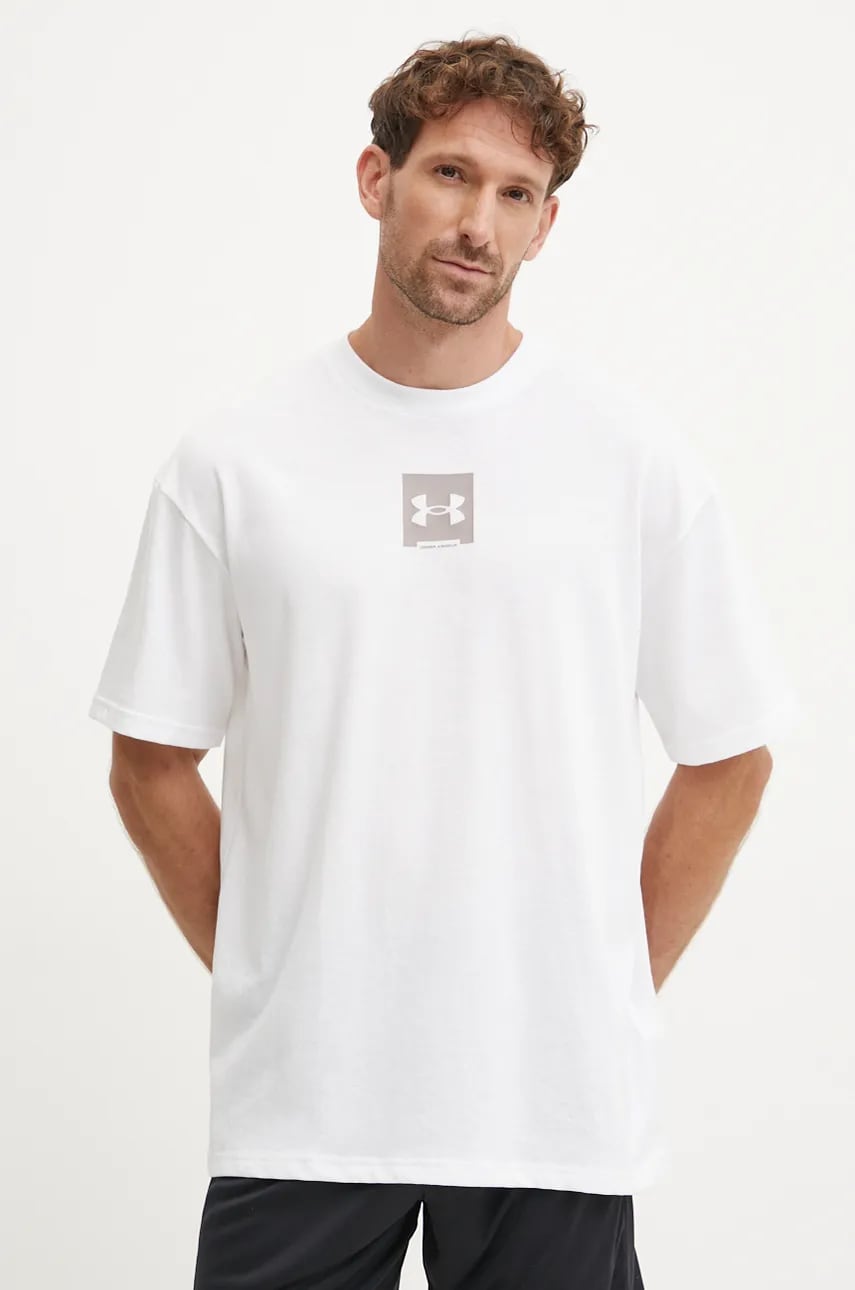 Under Armour tricou din bumbac HW OS BOX barbati, culoarea alb, cu imprimeu, 1386803