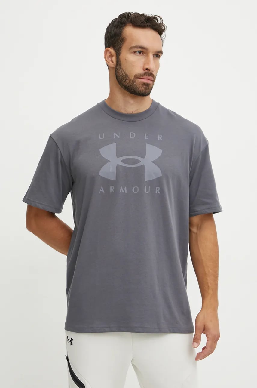 Under Armour tricou HW Branded barbati, culoarea gri, cu imprimeu, 1389146 Under Armour tricou HW Branded barbati, culoarea gri, cu imprimeu, 1389146