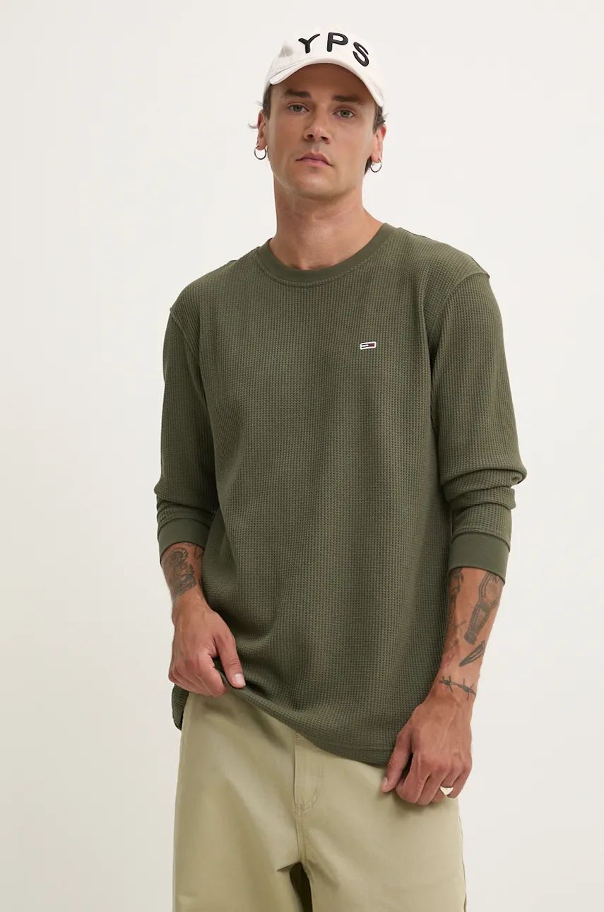 Tommy Jeans longsleeve barbati, culoarea verde, neted, DM0DM19216