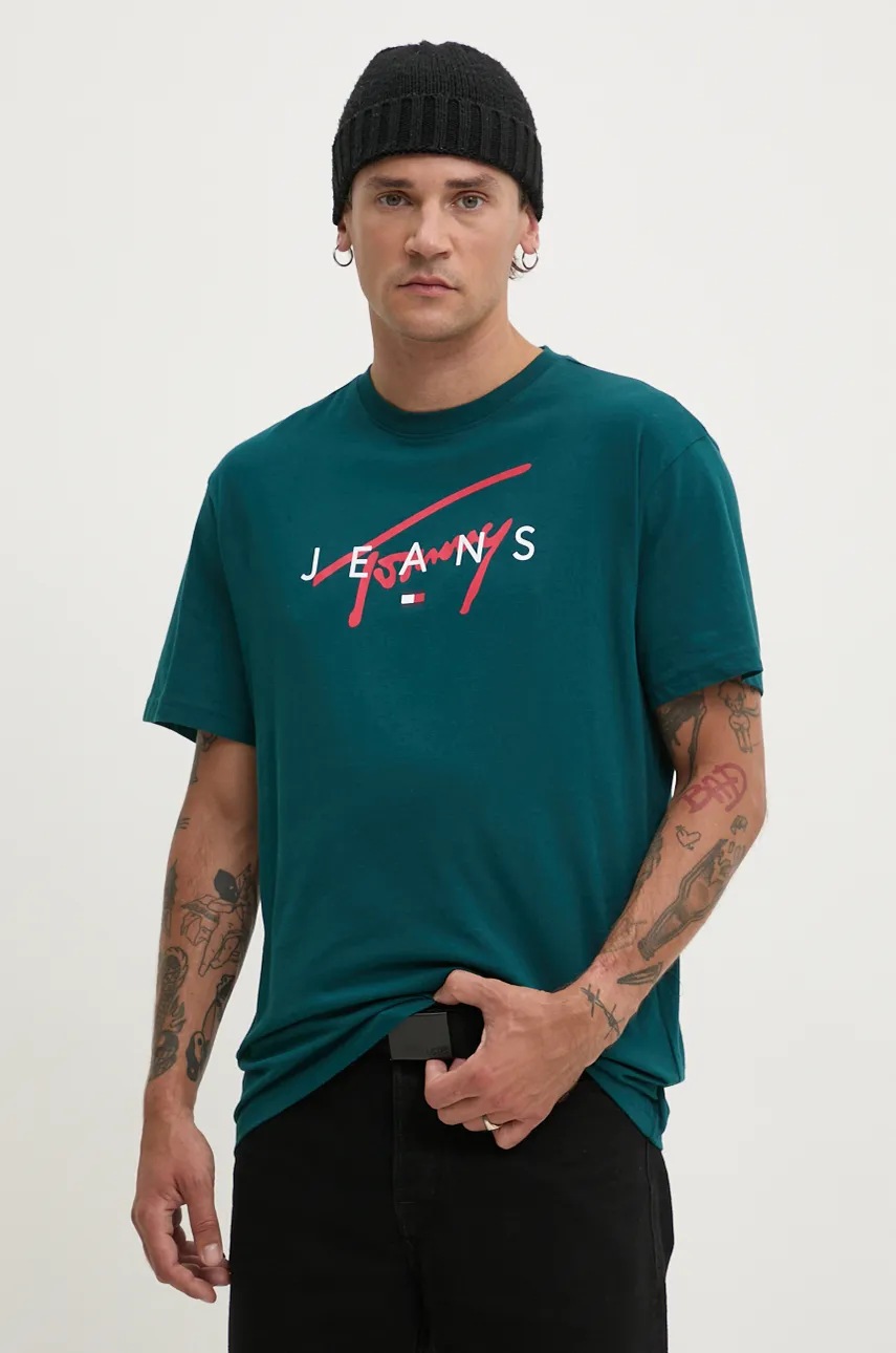 

Памучна тениска Tommy Jeans в зелено с принт DM0DM19683, Тюркоазен