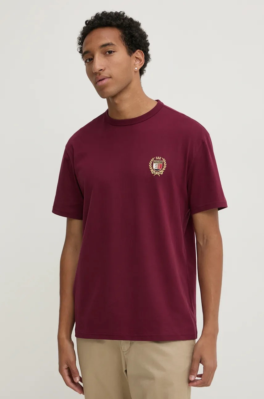 Tommy Jeans tricou din bumbac barbati, culoarea bordo, cu imprimeu, DM0DM19687