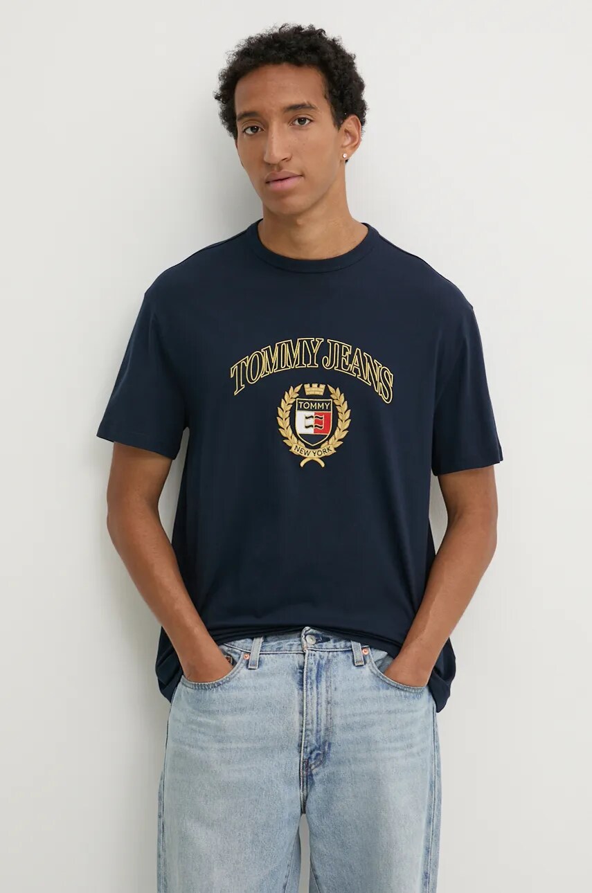 Tommy Jeans tricou din bumbac barbati, culoarea albastru marin, cu imprimeu, DM0DM19690