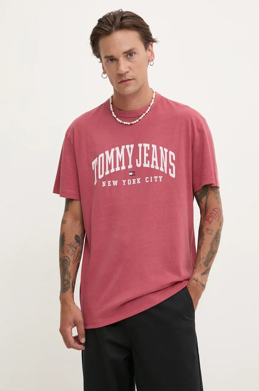 Tommy Jeans tricou din bumbac barbati, culoarea rosu, cu imprimeu, DM0DM19699