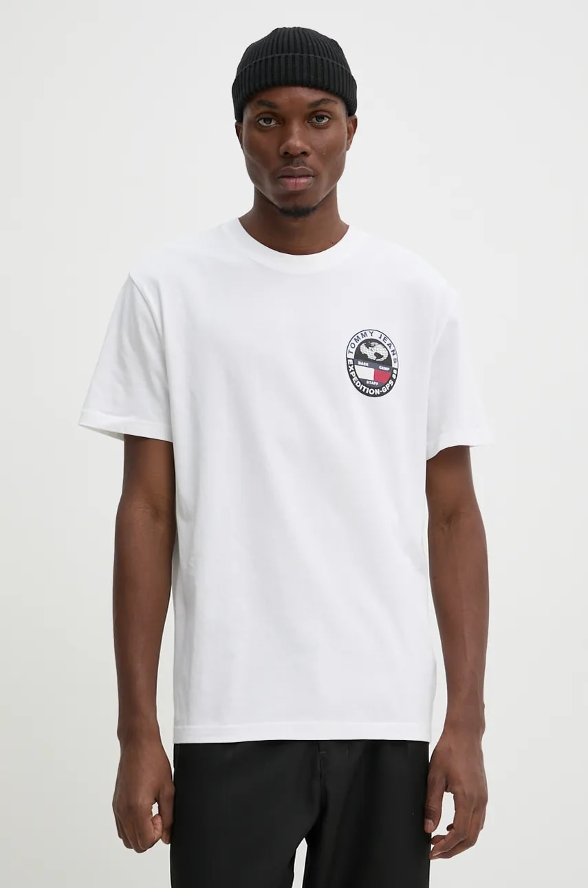 Tommy Jeans tricou din bumbac barbati, culoarea alb, cu imprimeu, DM0DM19702