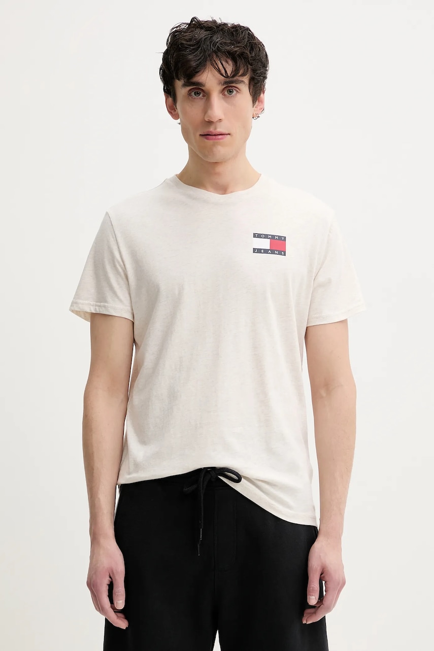 Tommy Jeans tricou din bumbac barbati, culoarea bej, cu imprimeu, DM0DM20740