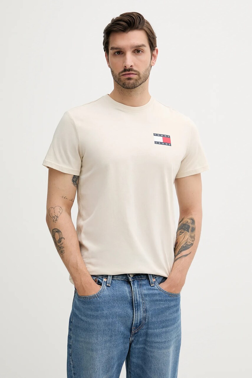 Tommy Jeans tricou din bumbac culoarea bej, cu imprimeu, DM0DM20740
