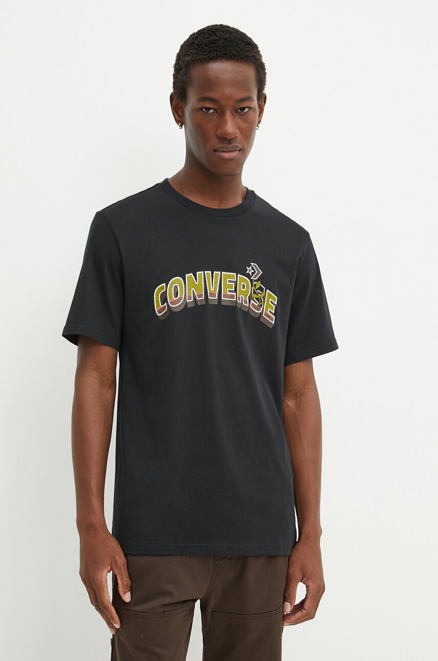 Converse tricou din bumbac barbati, culoarea negru, cu imprimeu, 10026671-A02 Converse tricou din bumbac barbati, culoarea negru, cu imprimeu, 10026671-A02