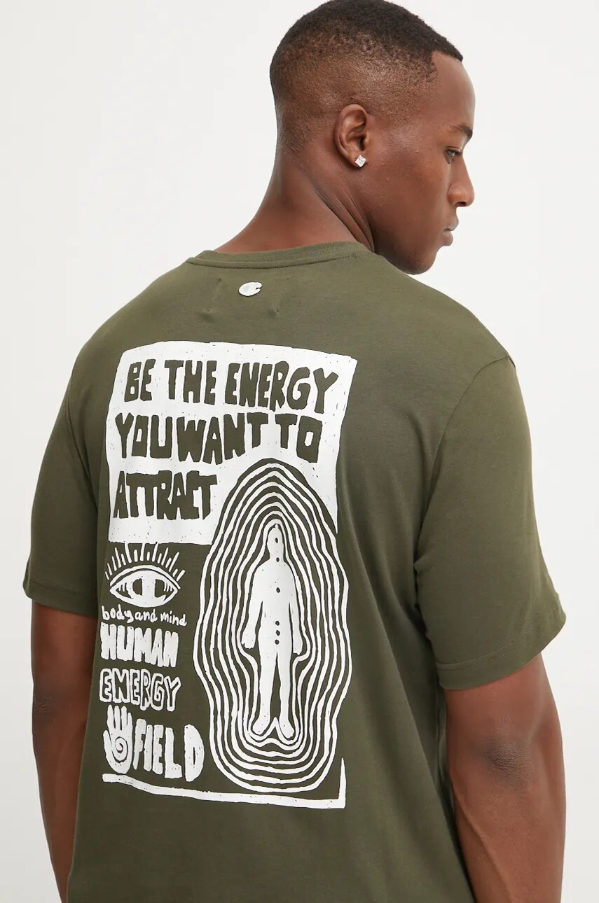 Champion tricou din bumbac barbati, culoarea verde, cu imprimeu, 220429