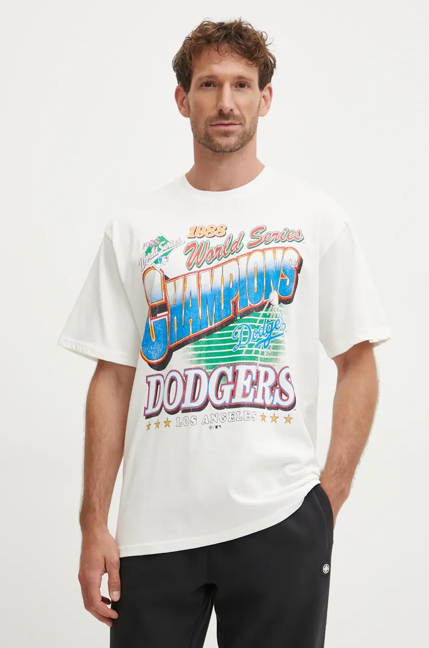 47 brand tricou din bumbac MLB Los Angeles Dodgers barbati, culoarea bej, cu imprimeu, BU012TMYIHQ632869SS 47 brand tricou din bumbac MLB Los Angeles Dodgers barbati, culoarea bej, cu imprimeu, BU012TMYIHQ632869SS