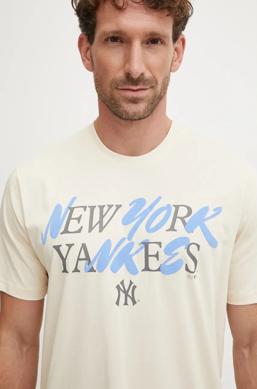 47 brand tricou din bumbac MLB New York Yankees barbati, culoarea bej, cu imprimeu, BB017TEPUFF636101Y0 47 brand tricou din bumbac MLB New York Yankees barbati, culoarea bej, cu imprimeu, BB017TEPUFF636101Y0