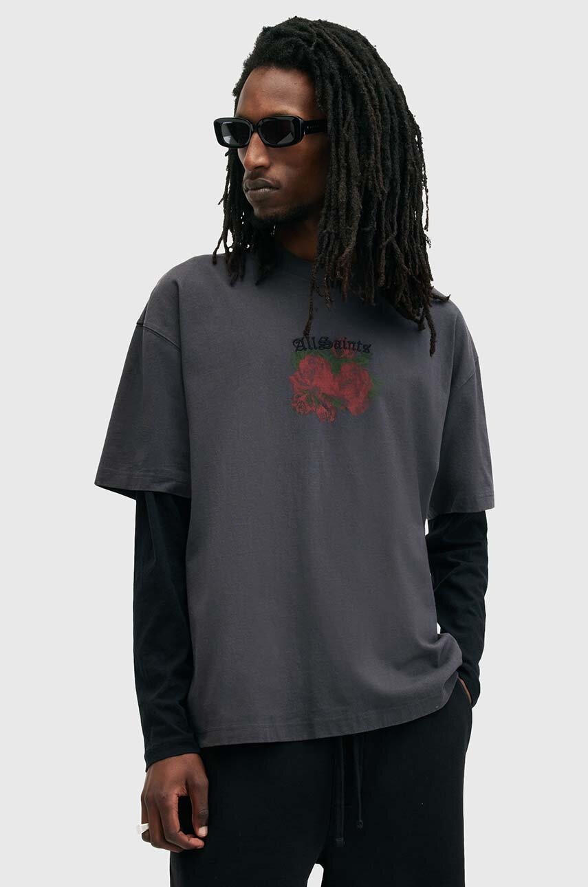 

Памучна тениска AllSaints MELROSE SS CREW в сиво с принт M007PB, Сив