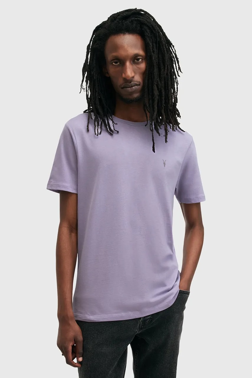 AllSaints tricou din bumbac BRACE barbati, culoarea violet, neted, M030JB AllSaints tricou din bumbac BRACE barbati, culoarea violet, neted, M030JB