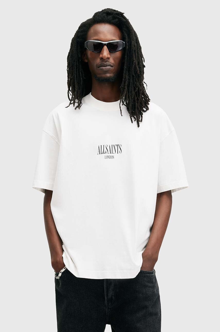 AllSaints tricou din bumbac TWILIGHT barbati, culoarea alb, cu imprimeu, M042PB