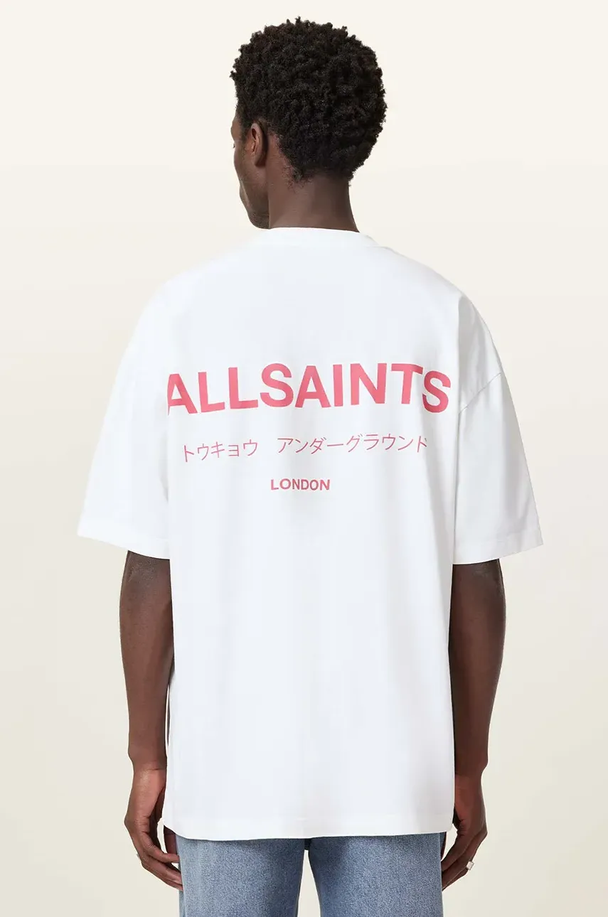 Хлопковая футболка AllSaints UNDERGROUND мужская цвет белый с принтом M071PB Хлопковая футболка AllSaints UNDERGROUND мужская цвет белый с принтом M071PB