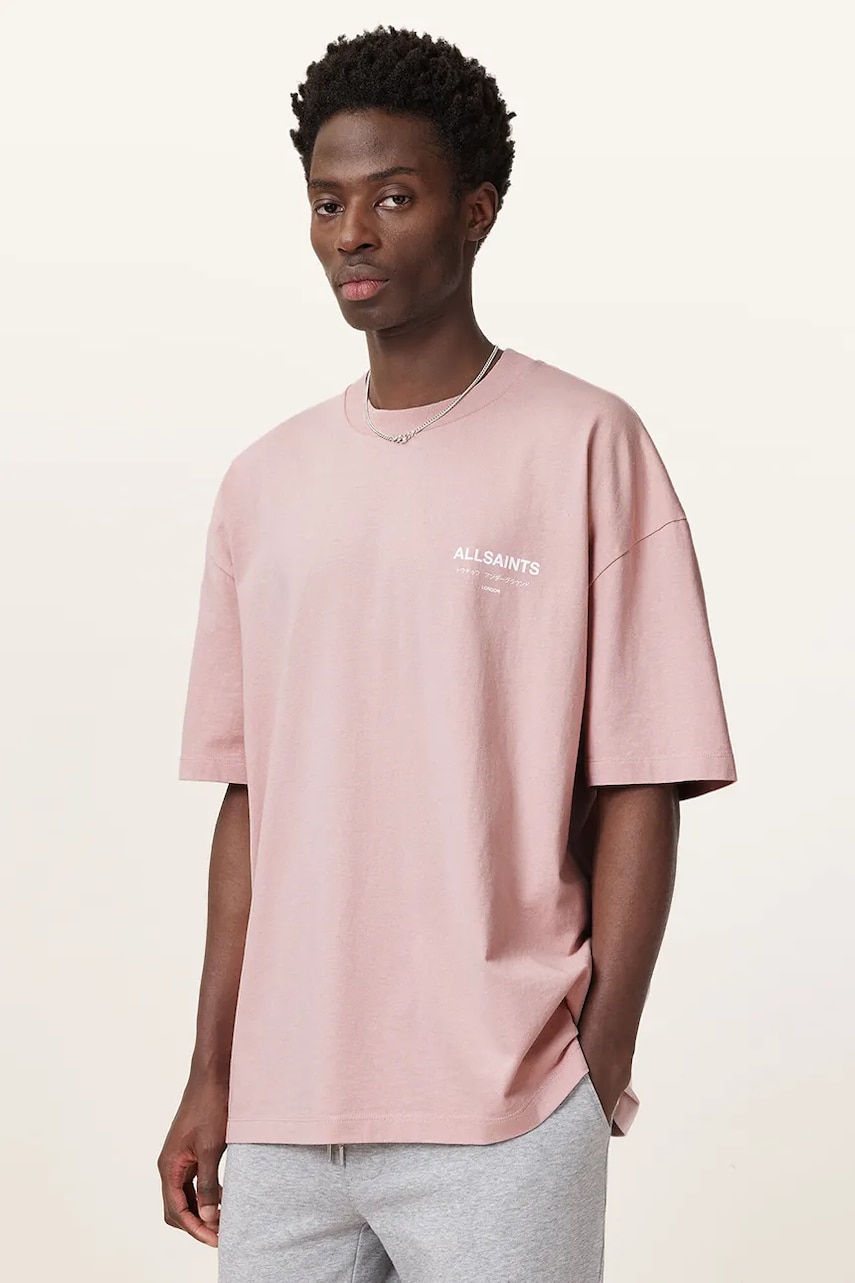 AllSaints tricou din bumbac UNDERGROUND barbati, culoarea roz, cu imprimeu, M071PB AllSaints tricou din bumbac UNDERGROUND barbati, culoarea roz, cu imprimeu, M071PB