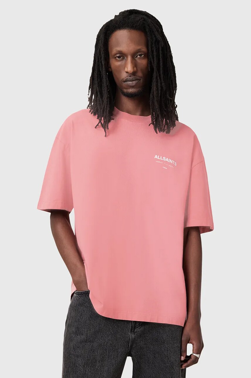 AllSaints tricou din bumbac UNDERGROUND barbati, culoarea roz, cu imprimeu, M071PB AllSaints tricou din bumbac UNDERGROUND barbati, culoarea roz, cu imprimeu, M071PB