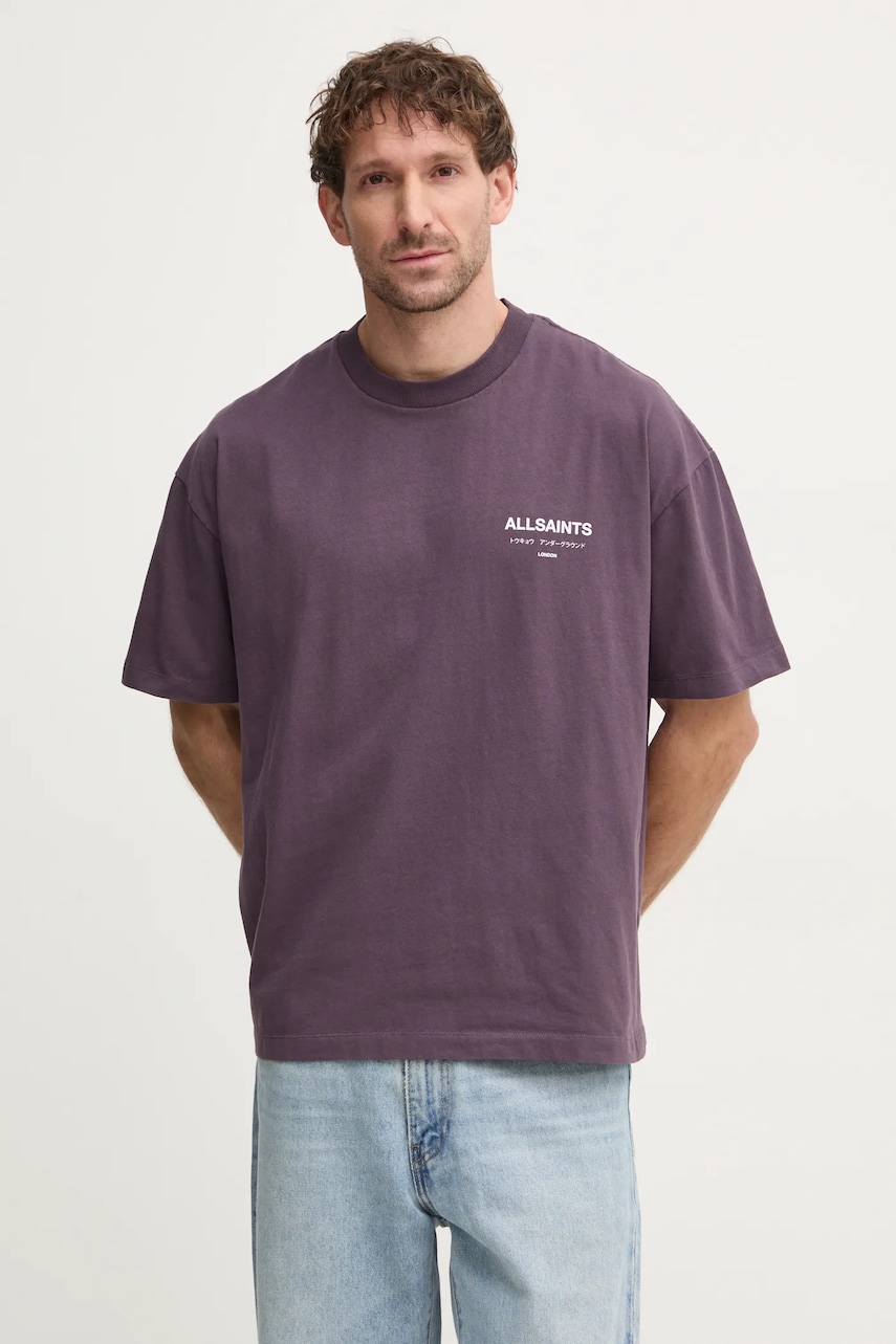AllSaints tricou din bumbac UNDERGROUND barbati, culoarea violet, cu imprimeu, M071PB AllSaints tricou din bumbac UNDERGROUND barbati, culoarea violet, cu imprimeu, M071PB