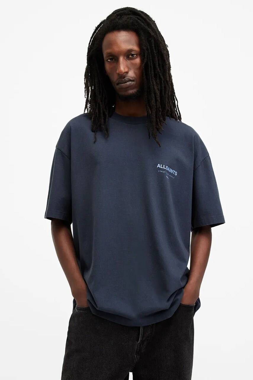 AllSaints tricou din bumbac UNDERGROUND barbati, culoarea albastru marin, cu imprimeu, M071PB