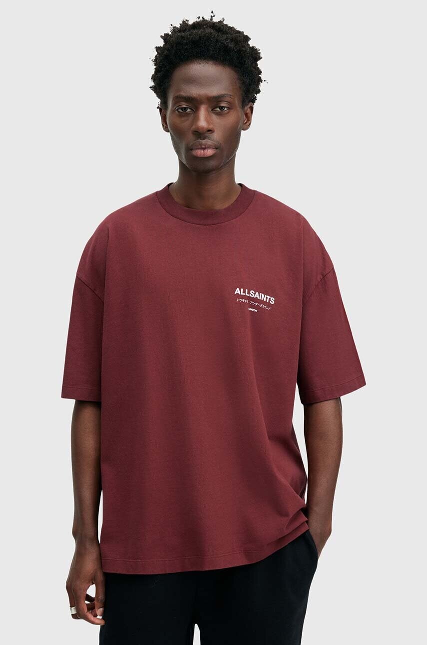 AllSaints tricou din bumbac UNDERGROUND barbati, culoarea bordo, cu imprimeu, M071PB